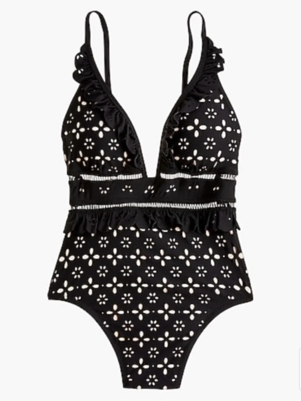 J. Crew Scalloped Ruffle Plunging One-piece Swimsuit in Laser-cut Eyelet Sz 12